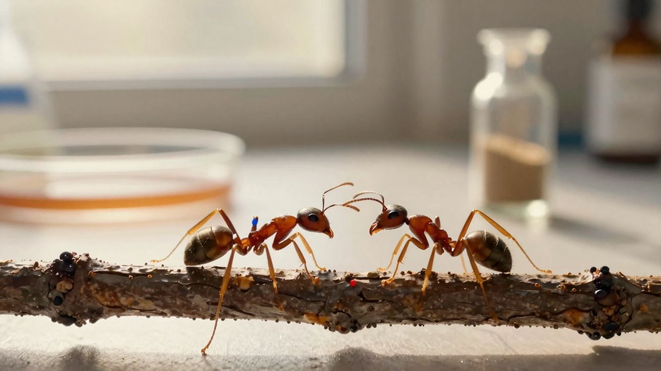Duas formigas vermelhas de frente uma para a outra sobre um galho, com fundo desfocado.
