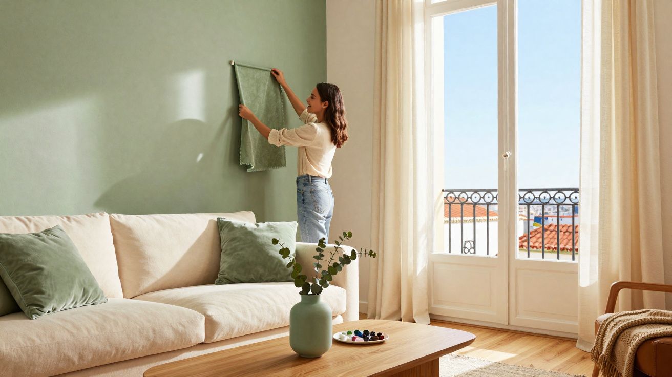 Mulher pendura toalha verde em parede verde em sala bem iluminada com sofá, mesa e planta decorativa.