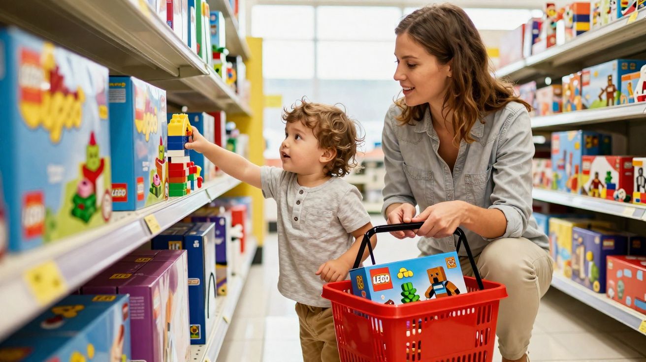 Criança e mulher escolhendo brinquedos LEGO em corredor de loja, com cesta vermelha cheia, sorrindo.