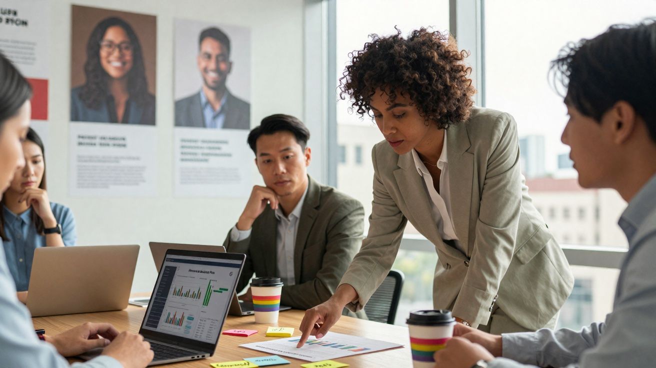 Equipe diversa em reunião de negócios analisando gráficos em laptop e documentos na mesa.