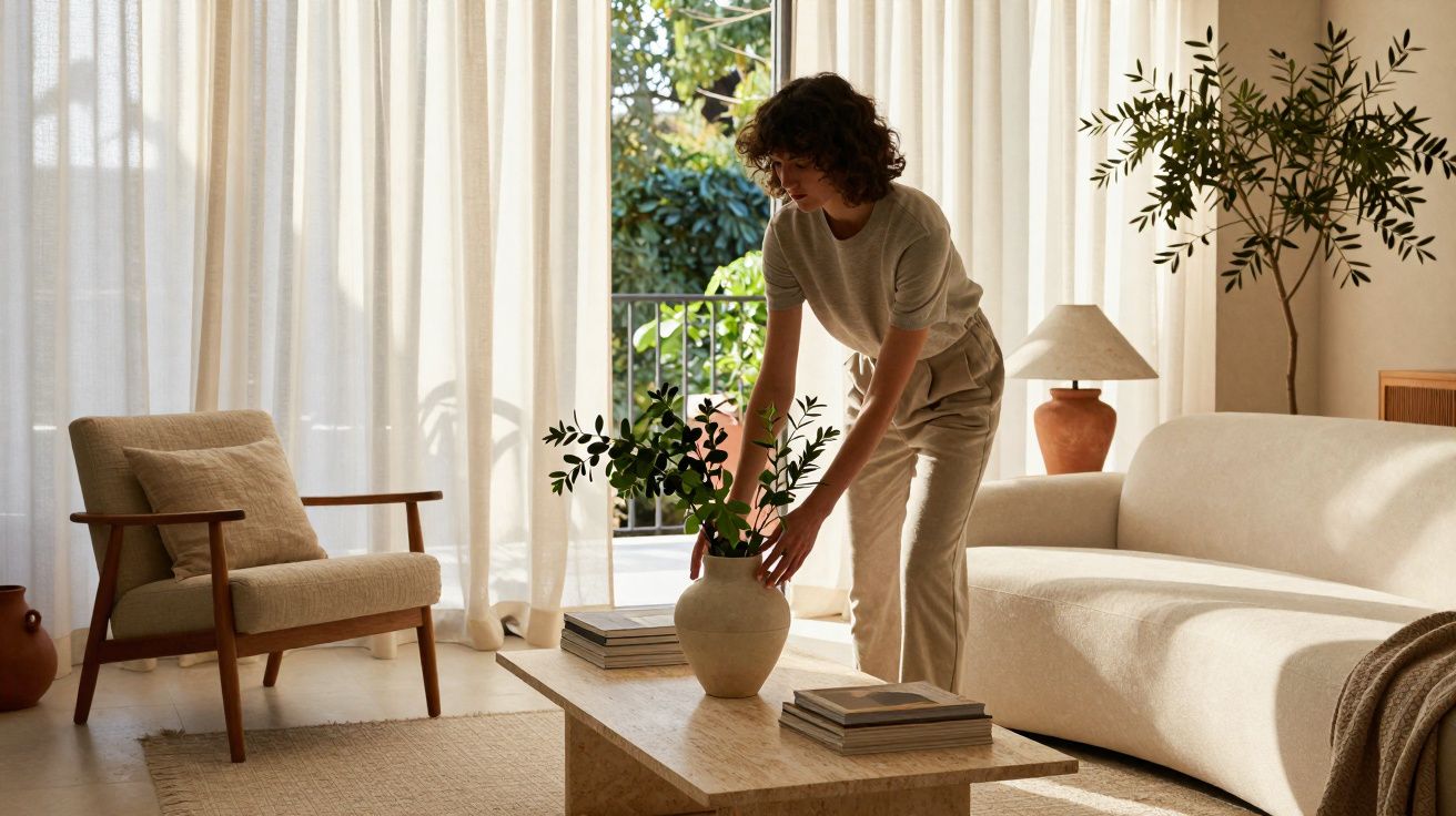 Mulher arrumando vaso com plantas em sala de estar clara, decorada com sofá, poltrona e cortinas brancas.