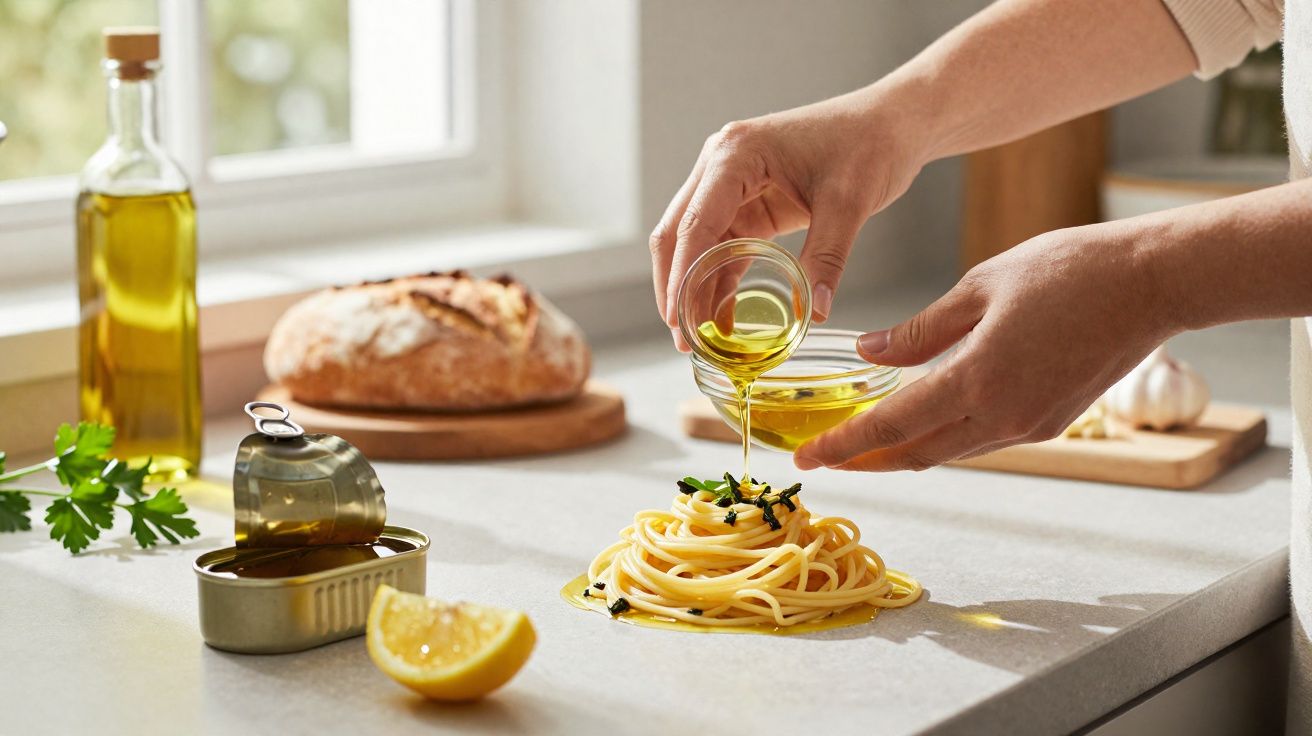 Mãos despejando azeite sobre espaguete servido com ervas, limão, pão e azeite ao fundo em bancada clara.