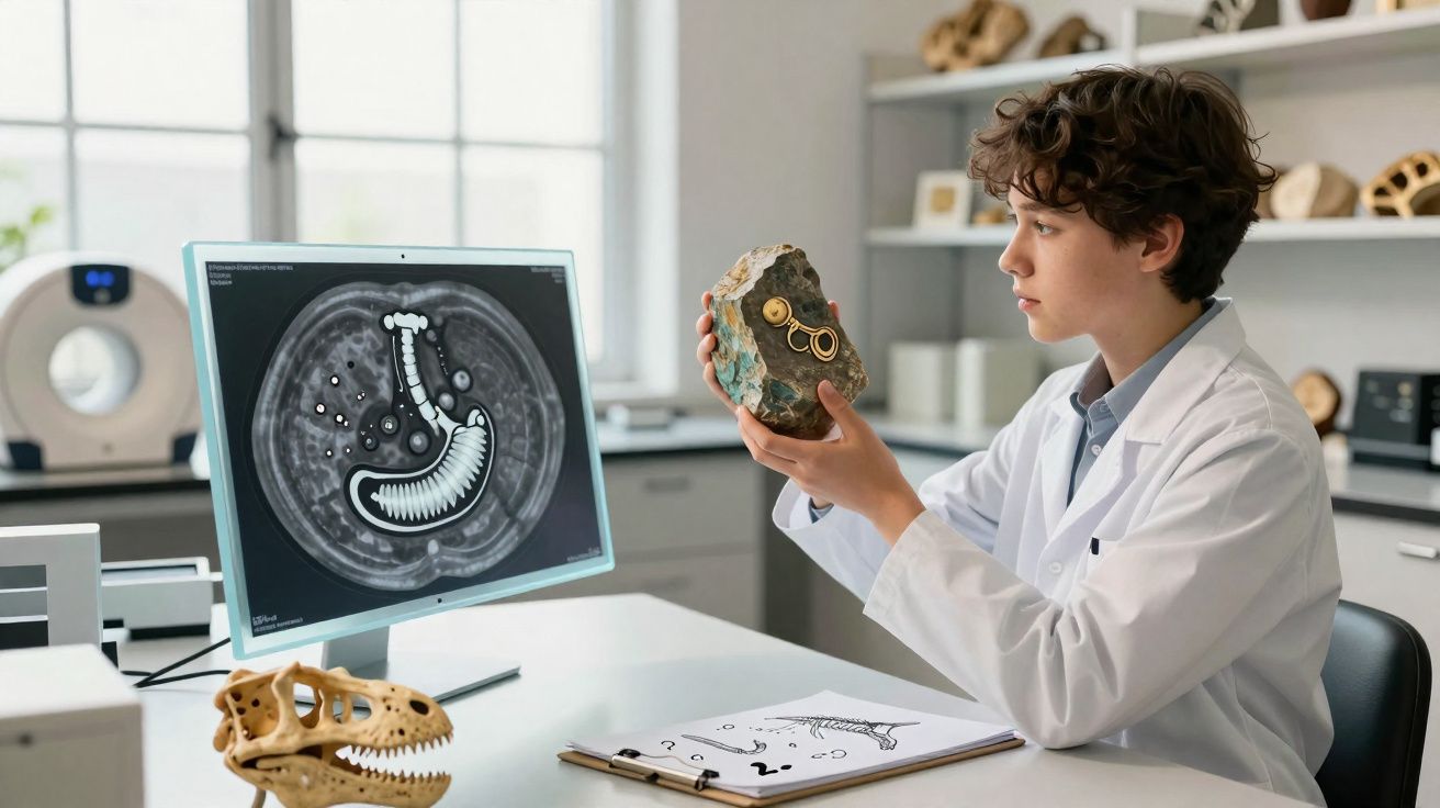 Criança cientista analisando fóssil mineral ao lado de monitor com imagem de radiografia e crânio de dinossauro.