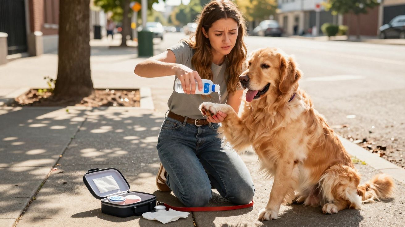 Mulher aplicando medicamento na pata de cachorro dourado sentado na calçada ensolarada da rua.