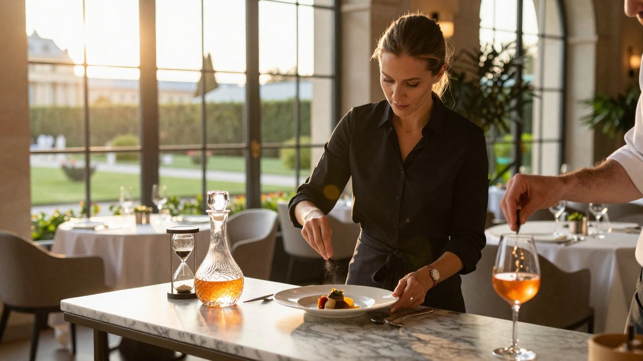 Garçonete tempera prato gourmet em restaurante elegante com luz natural ao fundo.