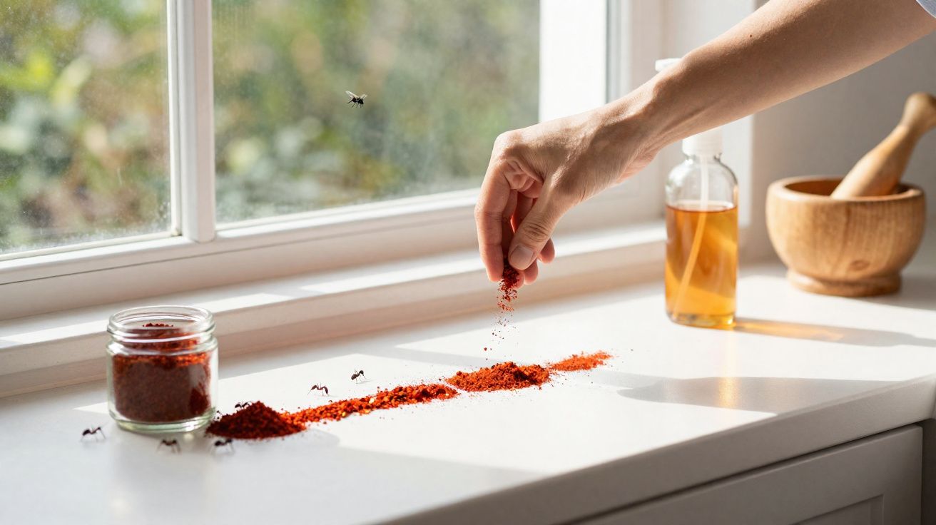 Mão espalha pó vermelho para afastar formigas em superfície branca próxima a janela com frasco e pilão de madeira.