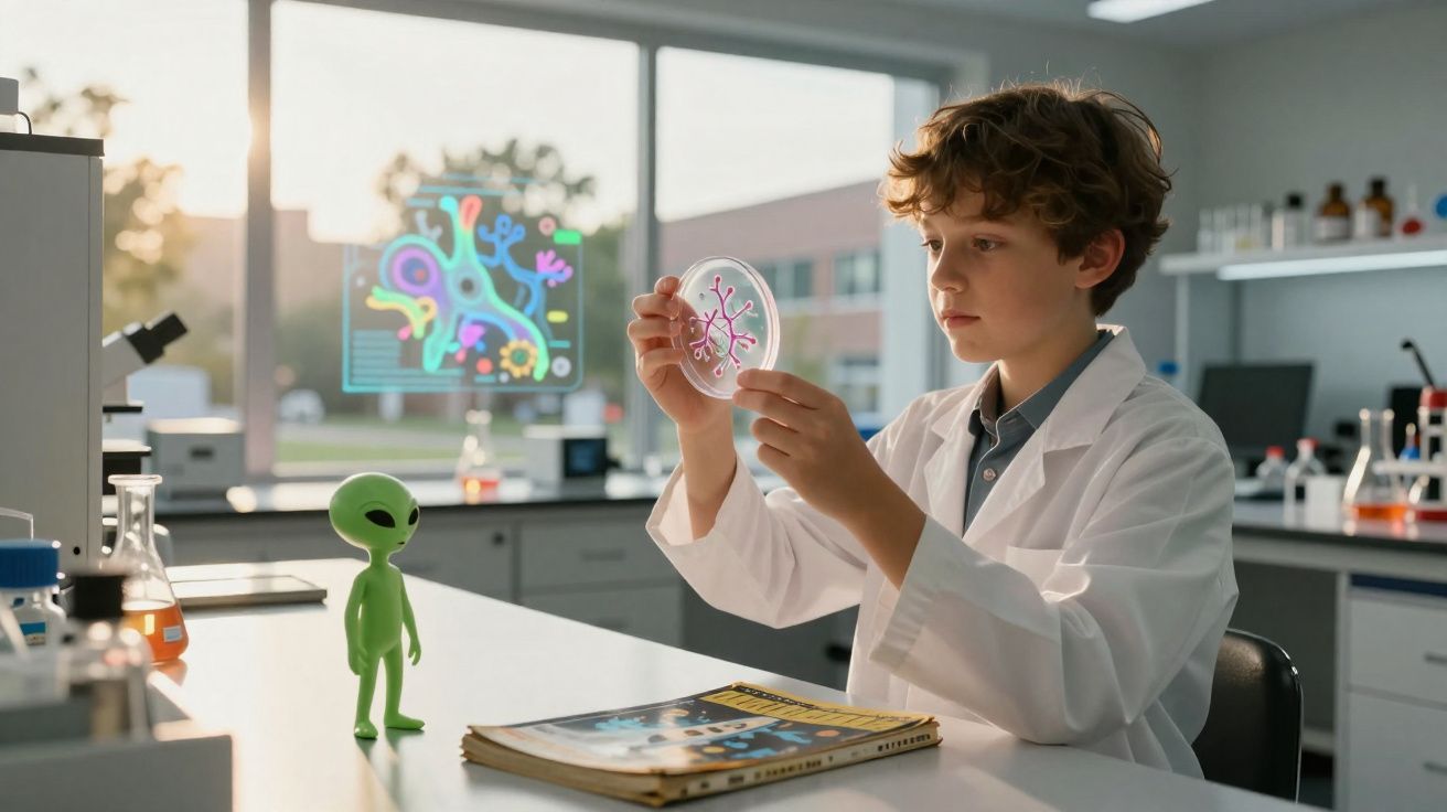 Criança vestindo jaleco examina placa de petri com desenho colorido em laboratório, com brinquedo de alienígena na mesa.