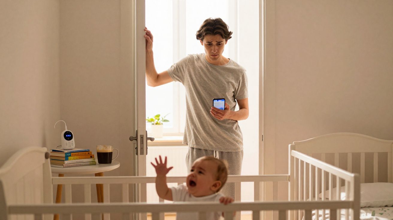 Homem preocupado observa bebê chorando no berço em quarto claro e organizado.