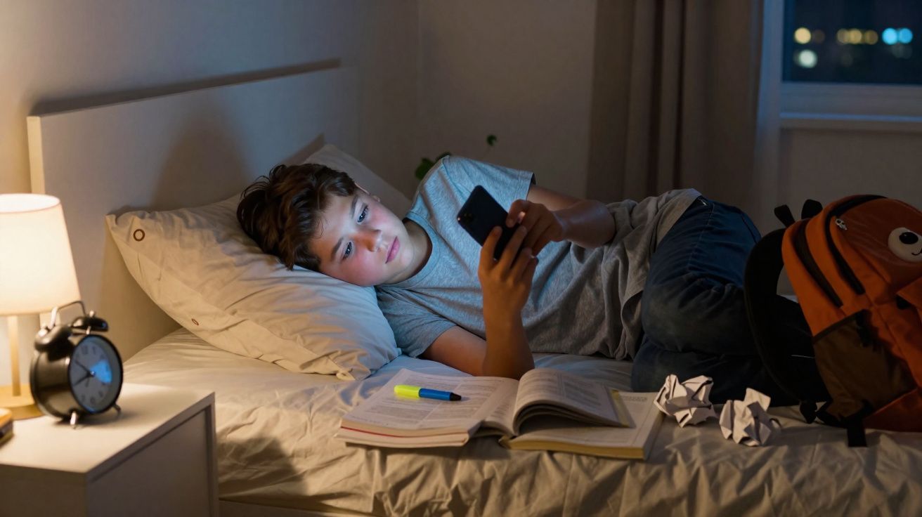 Criança deitada na cama à noite usando celular, com livros e mochila ao lado.