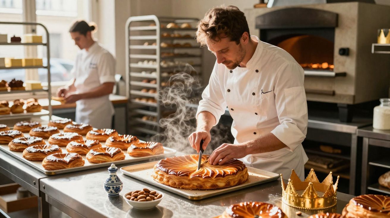 Padeiro cortando torta quente em cozinha, com várias tortas e coroa dourada sobre mesa.