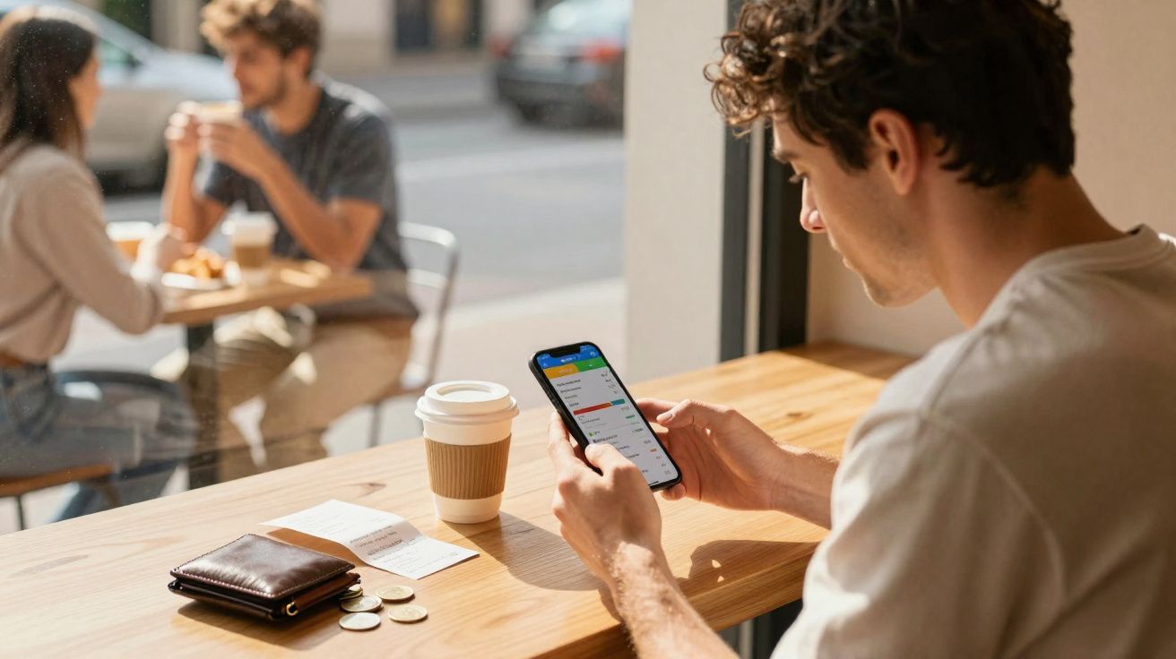 Homem em cafeteria usando smartphone para controlar finanças com café, carteira, moedas e recibo na mesa.
