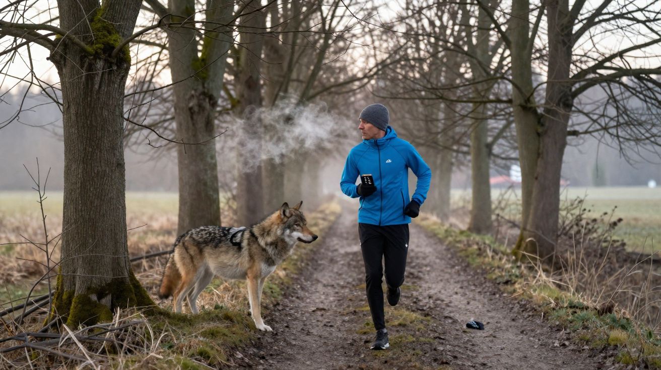Homem correndo em trilha de terra com cachorro que parece um lobo em manhã fria e nevoenta.