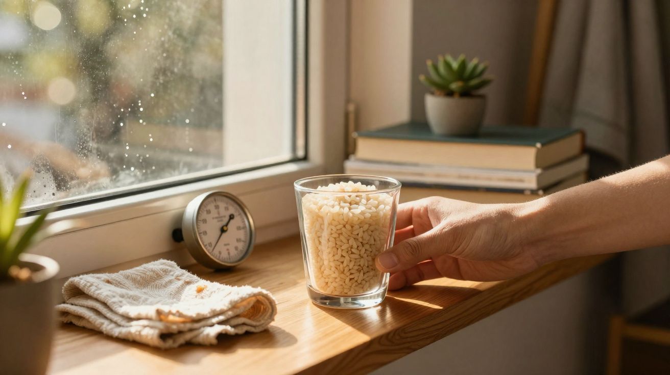 Mão segurando copo com grãos em parapeito de madeira iluminado pelo sol junto a livros e planta.