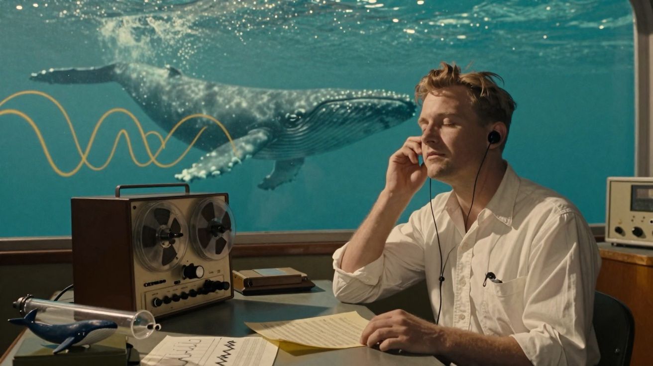 Homem com fones ouvindo música em sala com janela para oceano, onde uma baleia nada próxima.