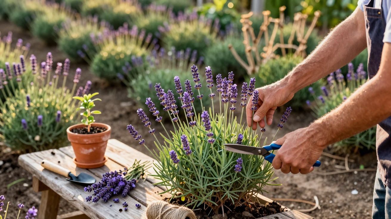 Pessoa podando flores de lavanda em jardim com tesoura azul e banco de madeira.