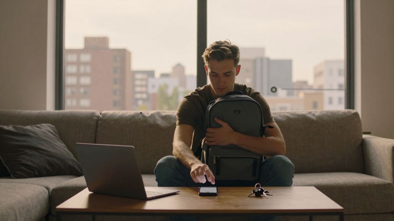 Jovem sentado no sofá com mochila no colo, usando celular e laptop sobre a mesa à sua frente.