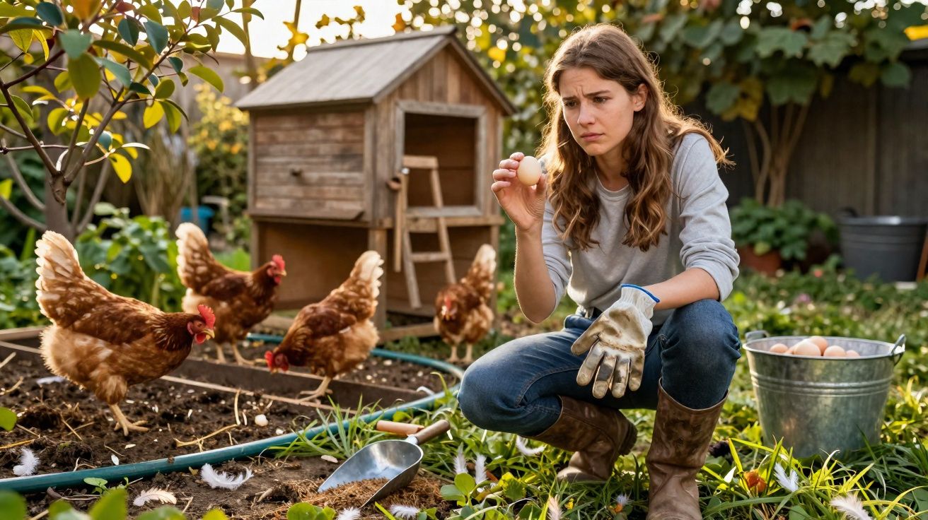 Mulher agachada no jardim com luvas, segurando ovo e observando galinhas perto de galinheiro.