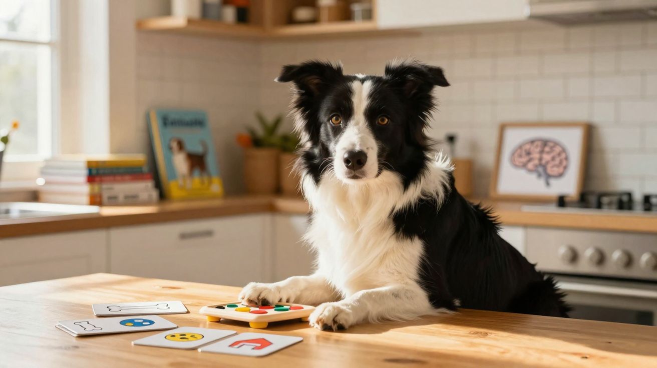 Cachorro preto e branco sentado em mesa de madeira com cartas e brinquedo na cozinha iluminada.