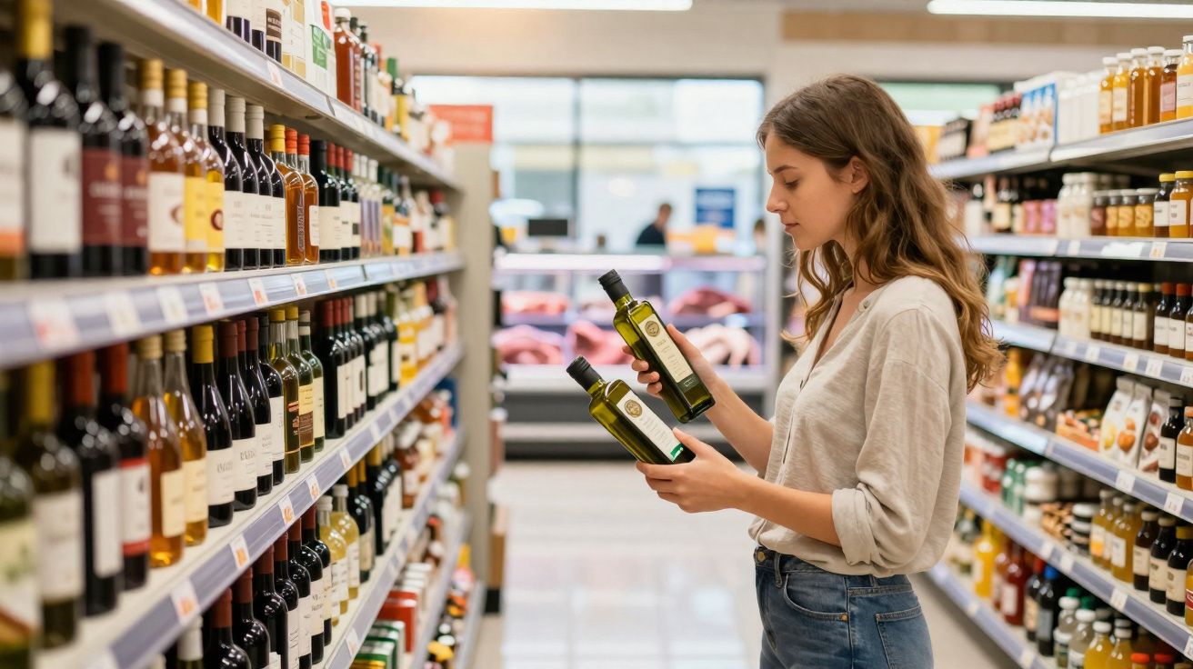 Mulher analisando garrafas de azeite em corredor de supermercado com prateleiras cheias de produtos.