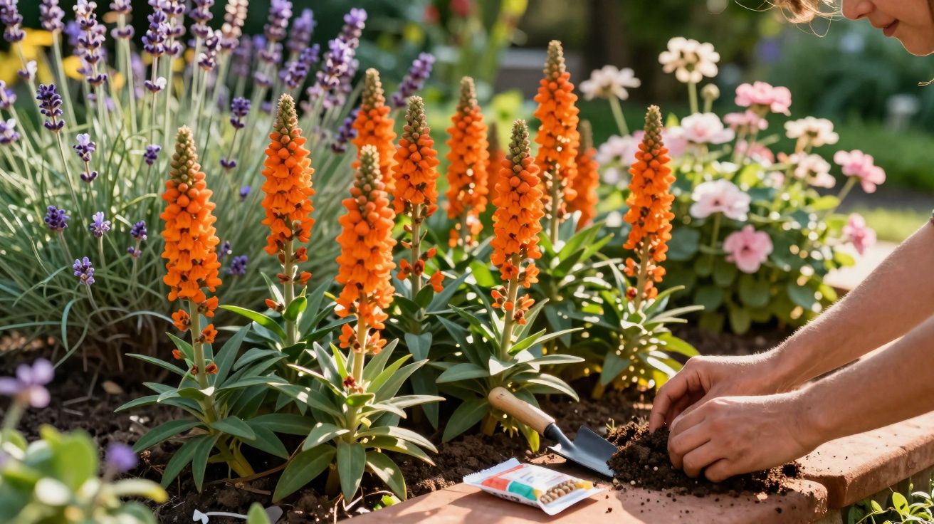 Pessoa cuidando de flores laranja em canteiro com pá de jardinagem e sementes ao lado.