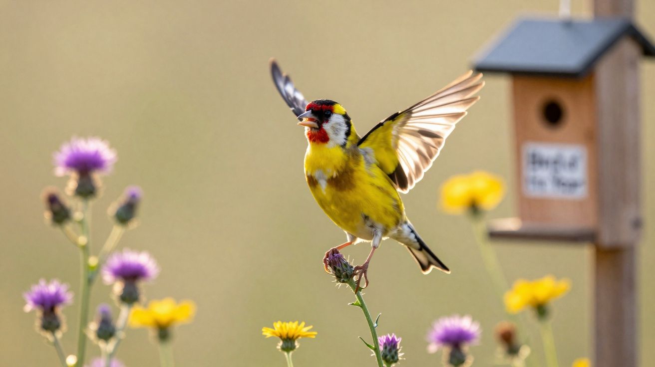 Pássaro colorido com asas abertas pousado em flor roxa, com flores e casinha de passarinho ao fundo.