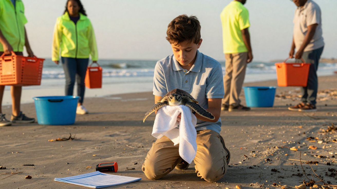Menino ajoelhado na praia segurando uma tartaruga marinha com uma toalha, com grupo ao fundo.