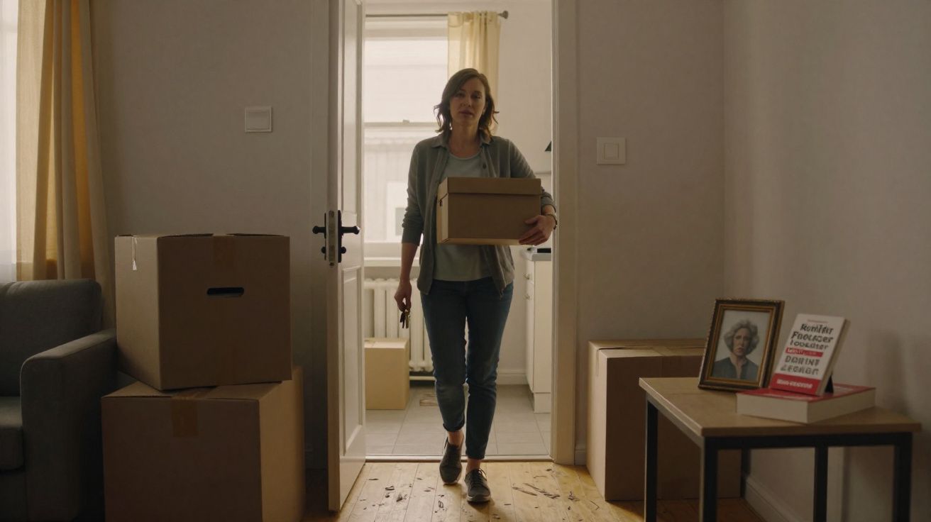 Mulher carregando caixa de papelão em apartamento com outras caixas ao redor e livro sobre mesa.