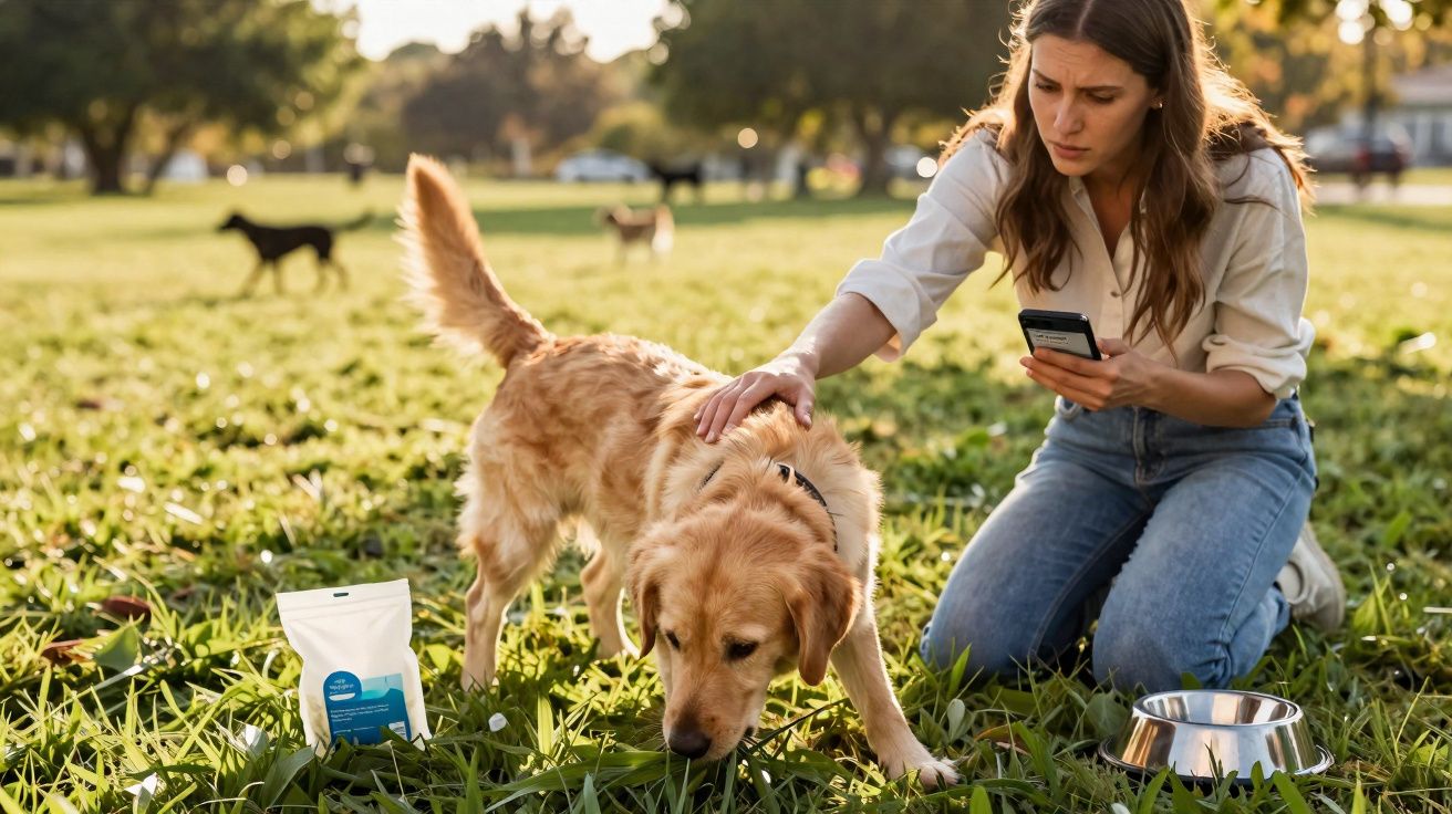 Mulher com celular acaricia cachorro dourado em parque, com pote de comida ao lado na grama.