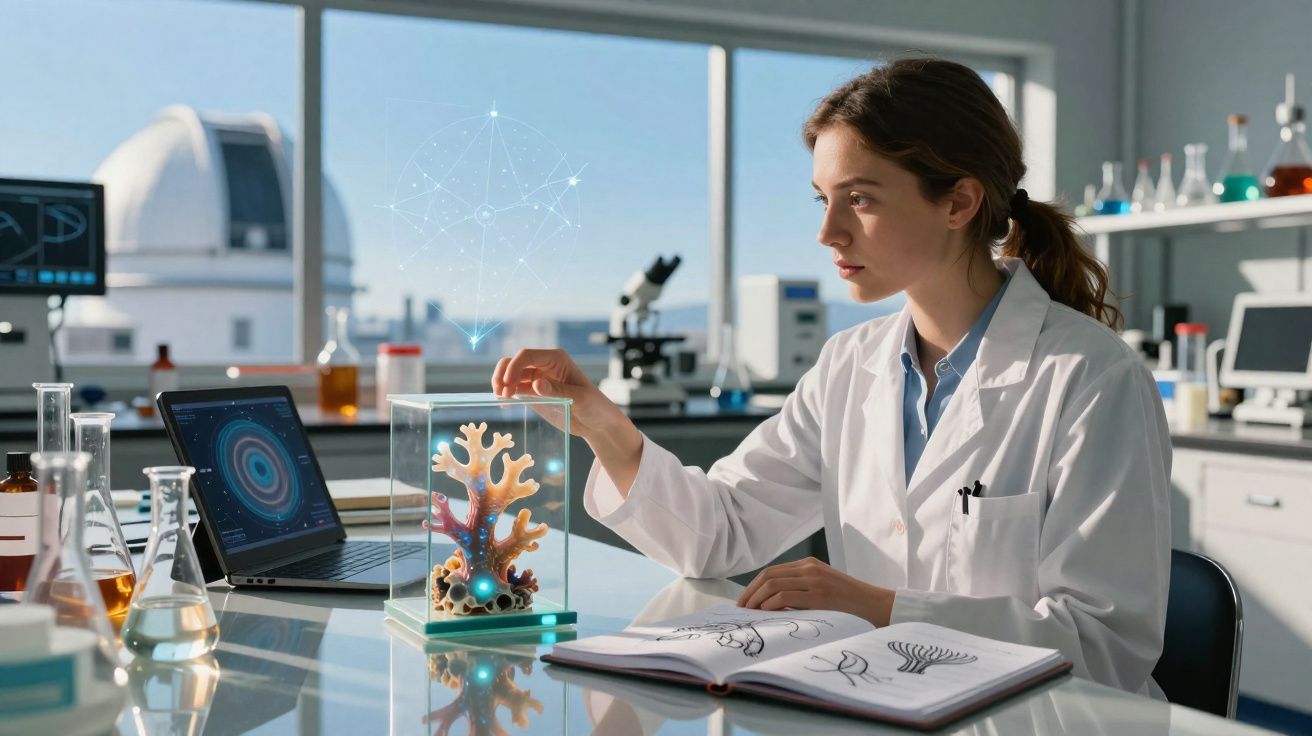Mulher cientista em laboratório analisando coral holográfico com laptop e caderno aberto na mesa.