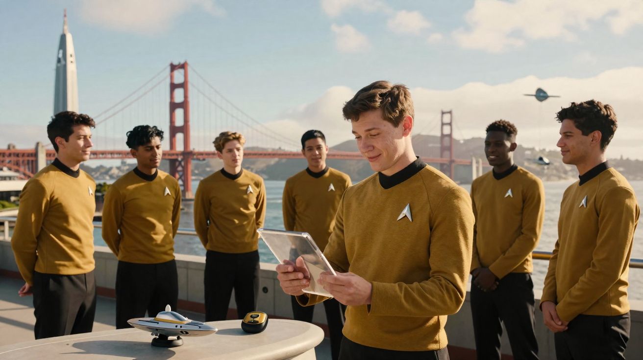 Grupo de sete jovens com uniformes dourados em área externa com a ponte Golden Gate ao fundo.