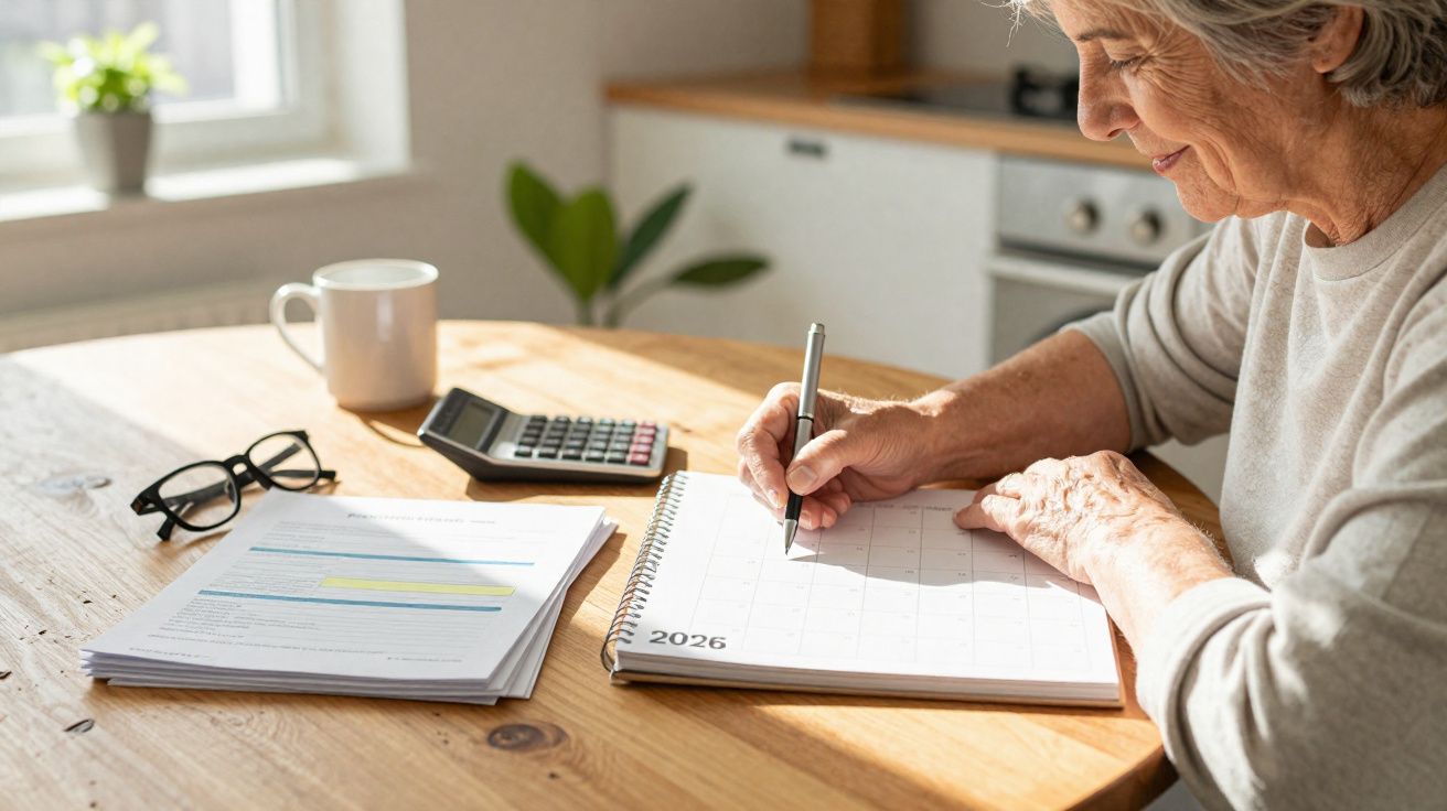 Mulher idosa escrevendo em calendário 2026 com documentos, óculos, calculadora e caneca sobre mesa de madeira.