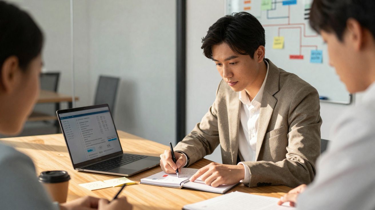 Três jovens em reunião de trabalho com laptop, caderno e café em mesa de escritório iluminada.