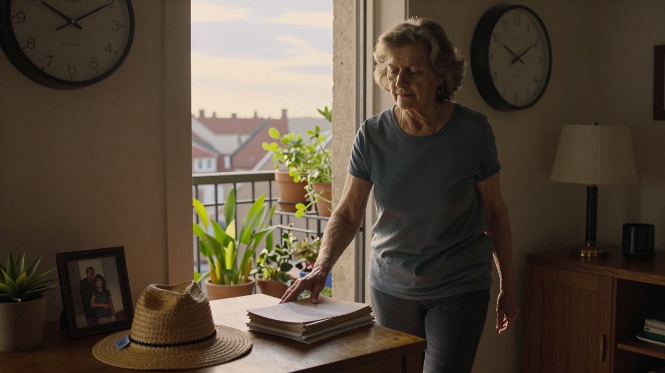 Mulher idosa em sala com plantas, chapéu e relógio, arrumando papéis sobre mesa perto da janela.