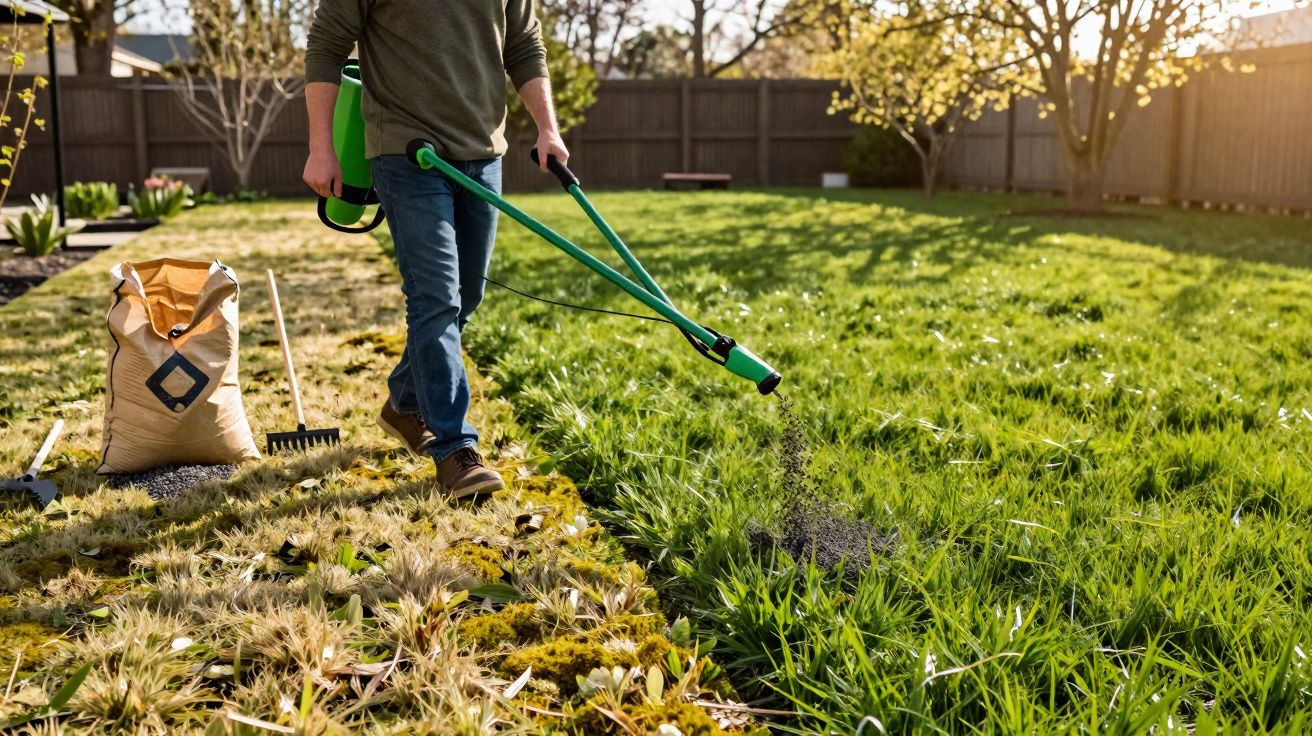 Pessoa aplicando fertilizante líquido com pulverizador em gramado ensolarado de jardim residencial.