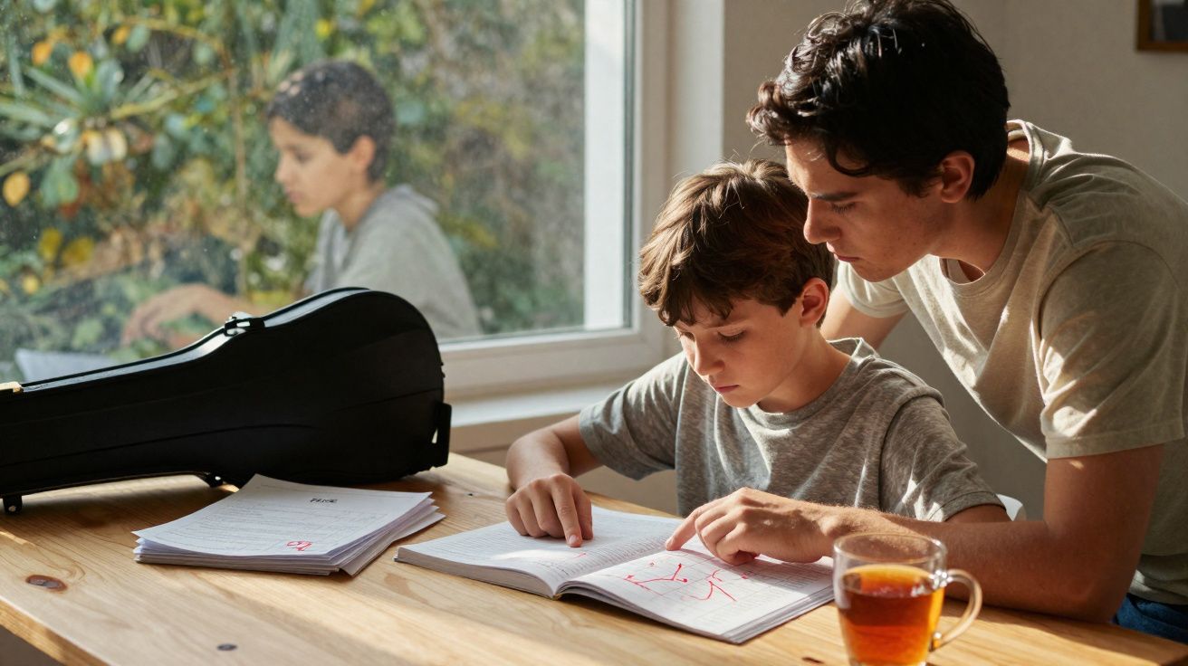 Homem ensina criança a ler livro com desenhos à mesa perto de janela iluminada pela luz natural.
