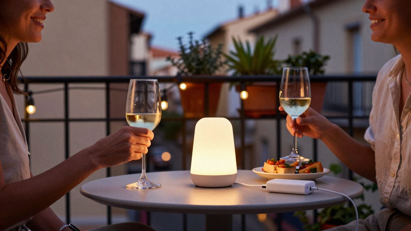 Duas pessoas brindam com taças de vinho em mesa de varanda à noite, com luz ambiente e petiscos.