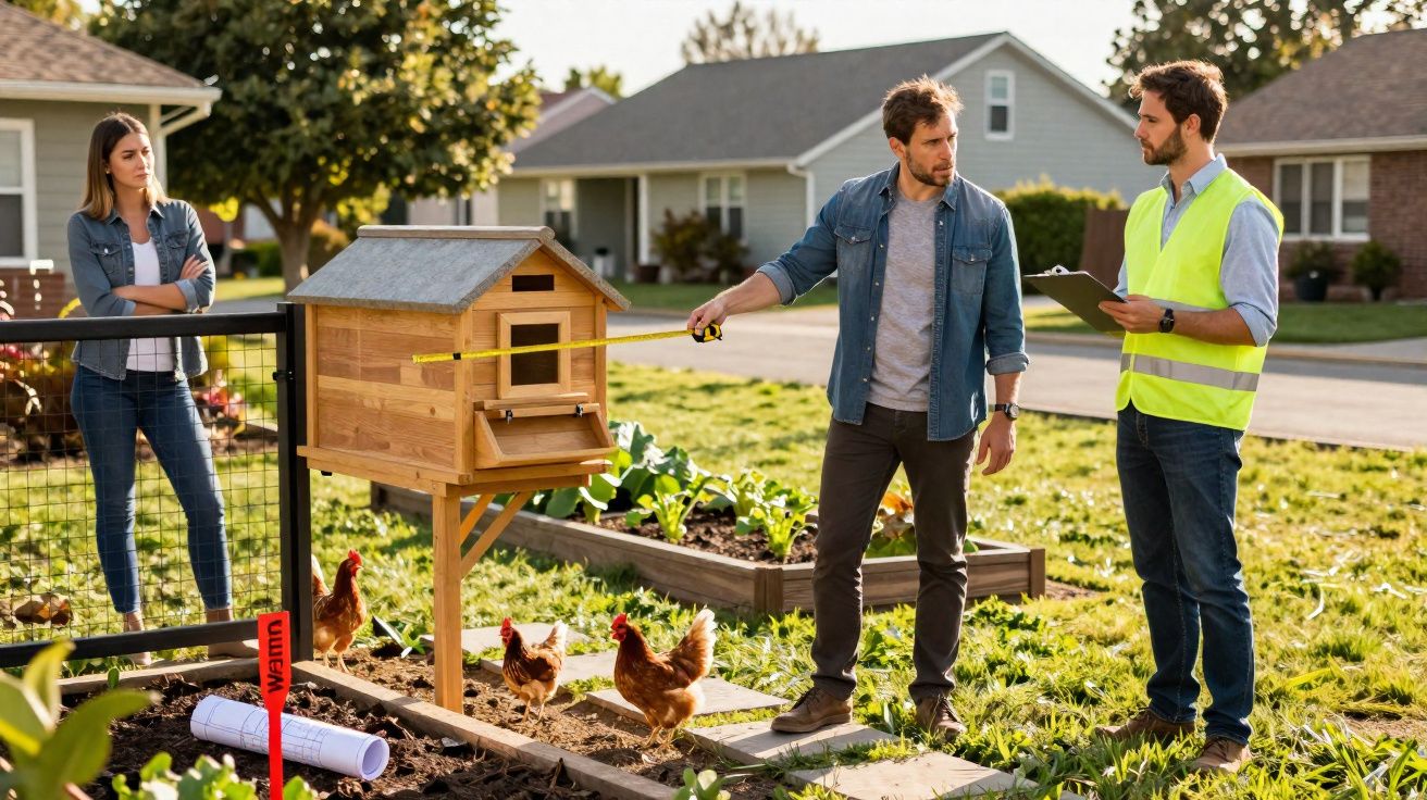 Homem mede casa de madeira para galinhas enquanto outro anota, mulher observa, em quintal com galinhas e plantas.