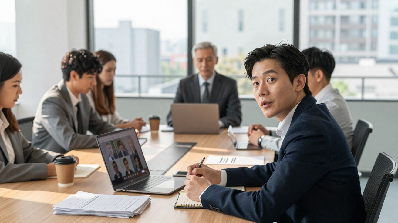 Reunião de negócios com cinco pessoas em volta de mesa, laptop com videoconferência e documentos sobre a mesa.