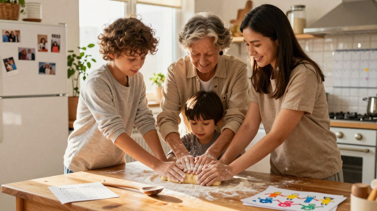 Família de diferentes gerações preparando massa juntos e sorrindo em cozinha iluminada.