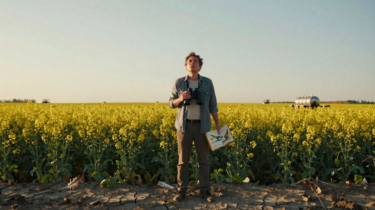 Homem com binóculos e livro de aves em campo de flores amarelas sob céu claro ao entardecer.
