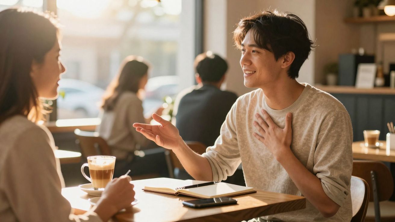 Jovem conversa animadamente com mulher em cafeteria, com caderno, celular e café sobre a mesa.