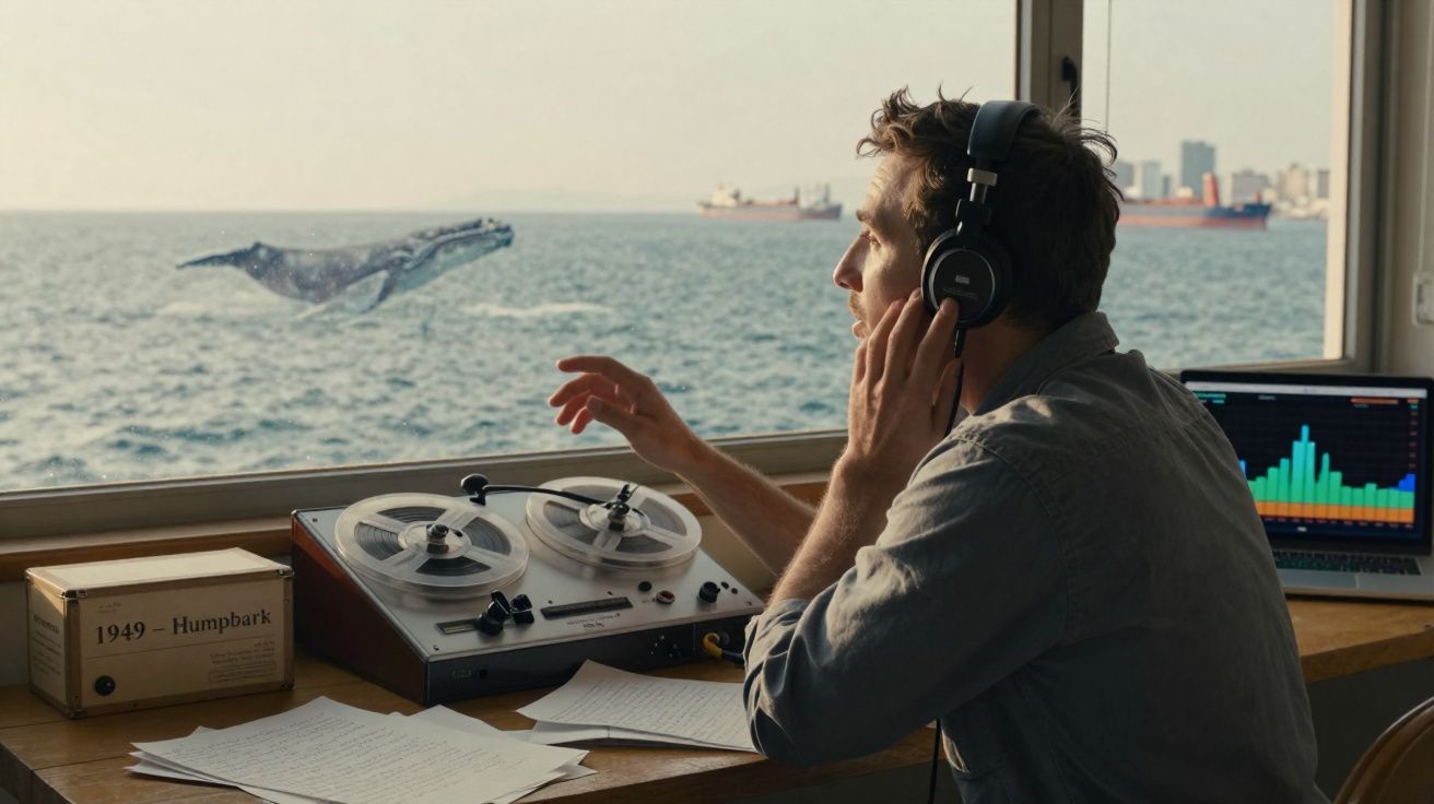Homem com fones de ouvido em estúdio observa baleia jubarte saltando no mar, com laptop e equipamentos de áudio.