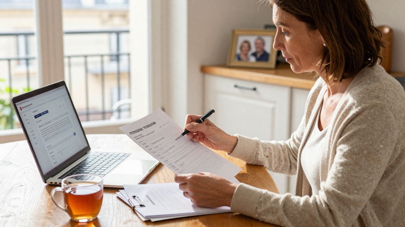 Mulher revisando documentos e usando laptop em mesa com xícara de chá em ambiente doméstico.