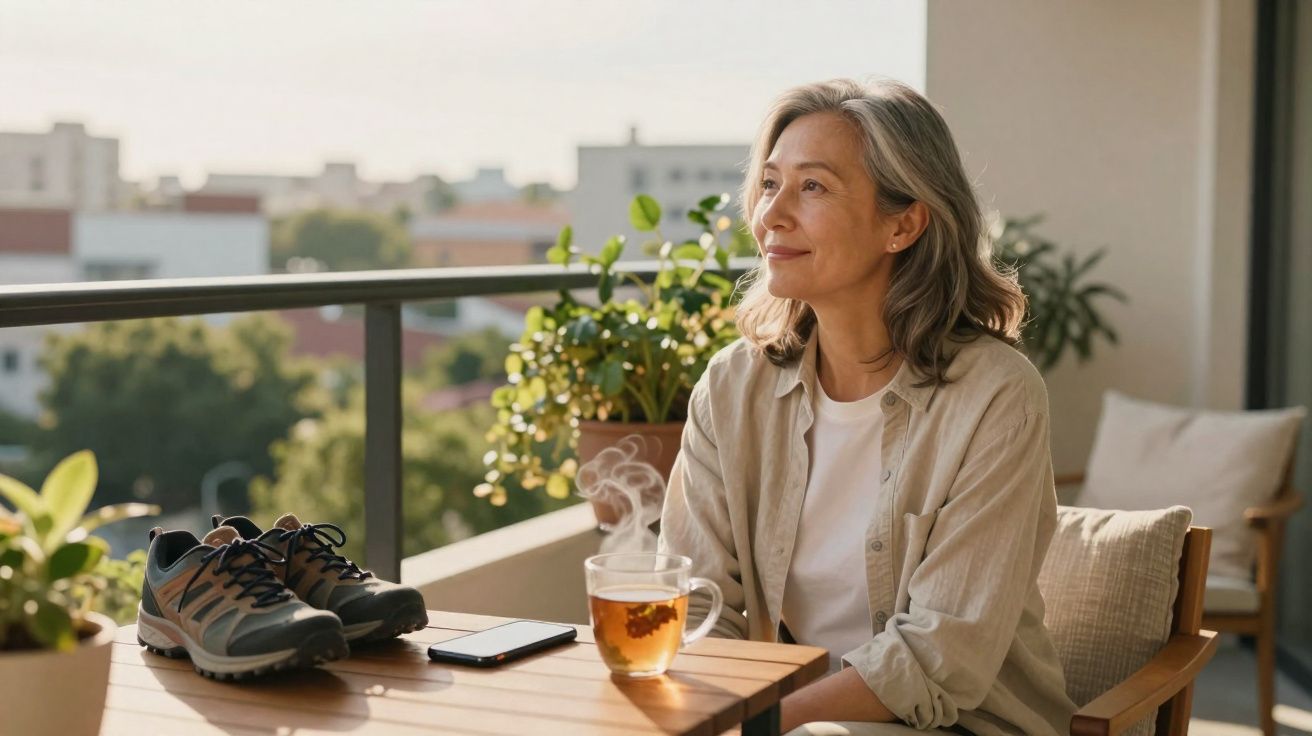Mulher madura sorrindo sentada na varanda com xícara de chá e tênis sobre a mesa ao sol.
