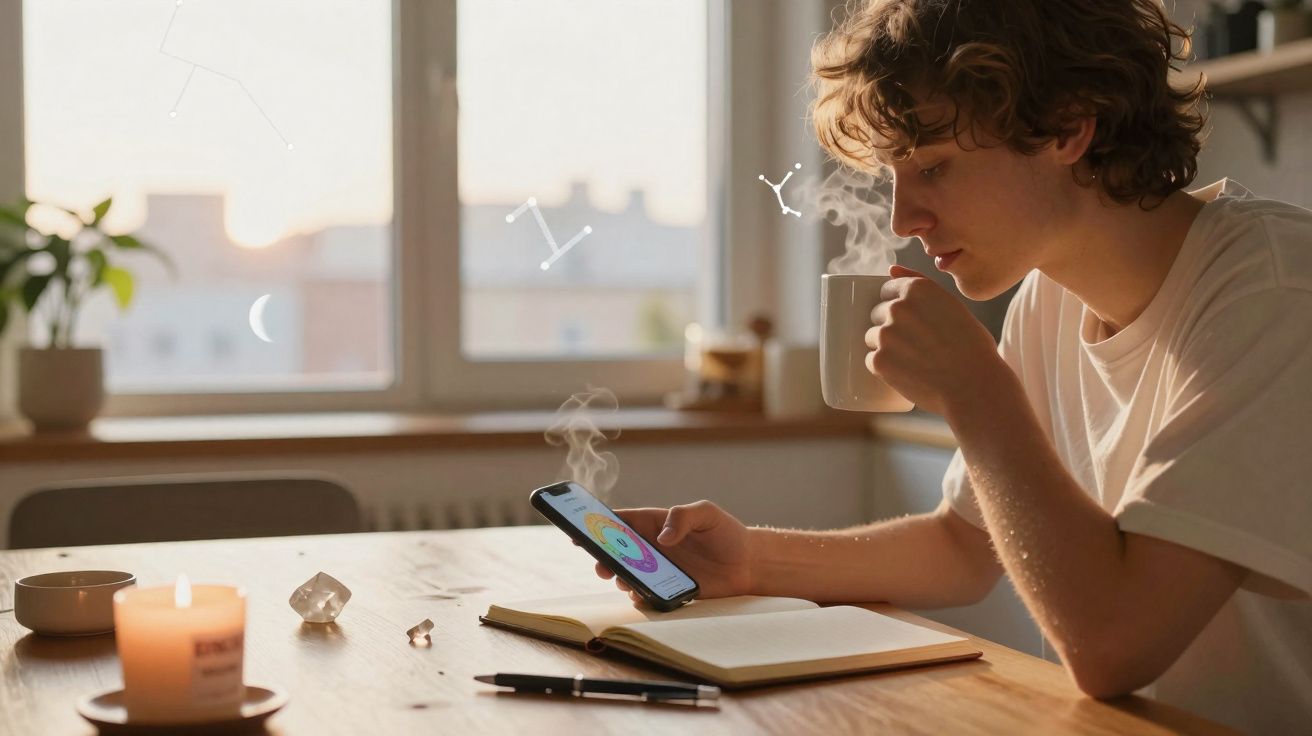 Pessoa jovem sentada à mesa, olhando o celular e segurando xícara de bebida quente, com caderno e velas acesas.