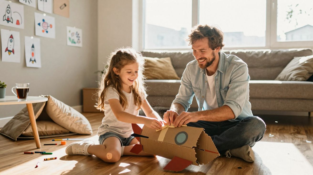 Pai e filha sorrindo montando foguete de papelão em sala de estar iluminada pelo sol.