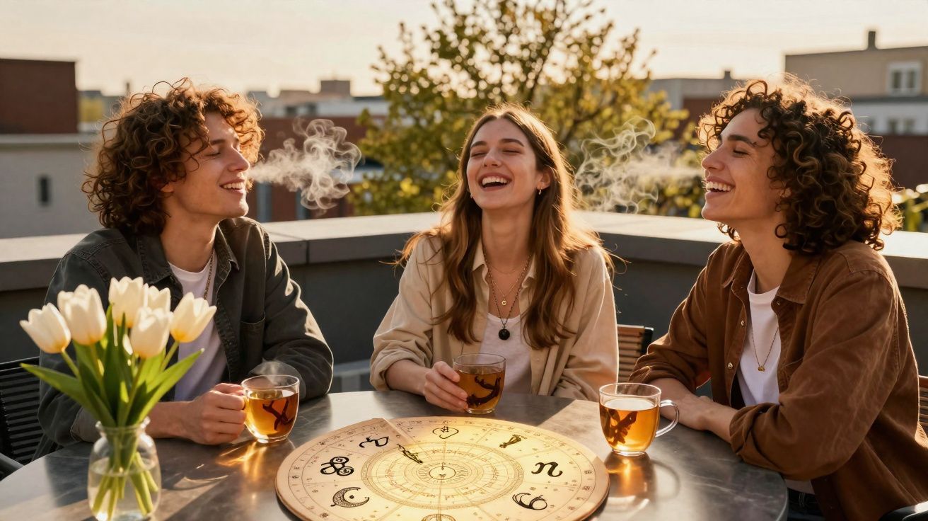 Três jovens sentados em mesa ao ar livre, rindo e segurando xícaras com chá ao redor de um tabuleiro de signos.
