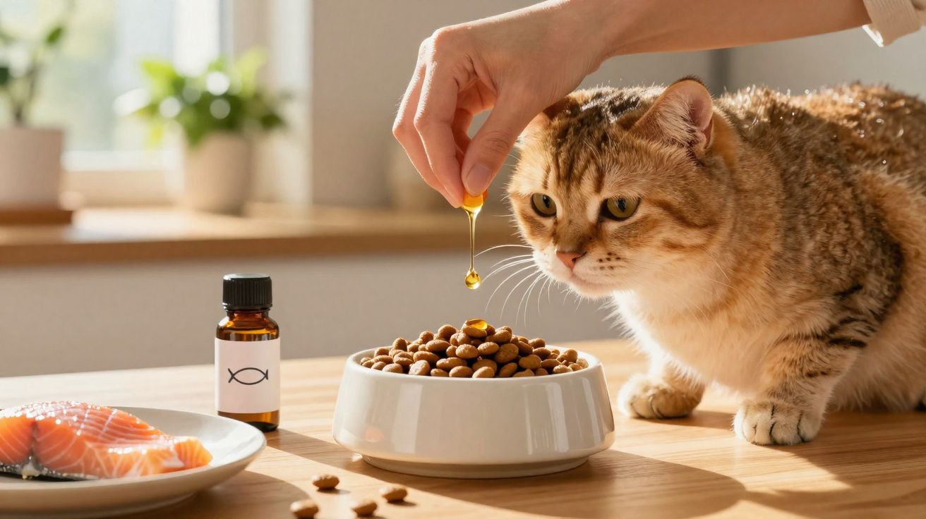 Gato observando gota de óleo sendo pingada sobre ração em tigela branca em mesa de madeira.