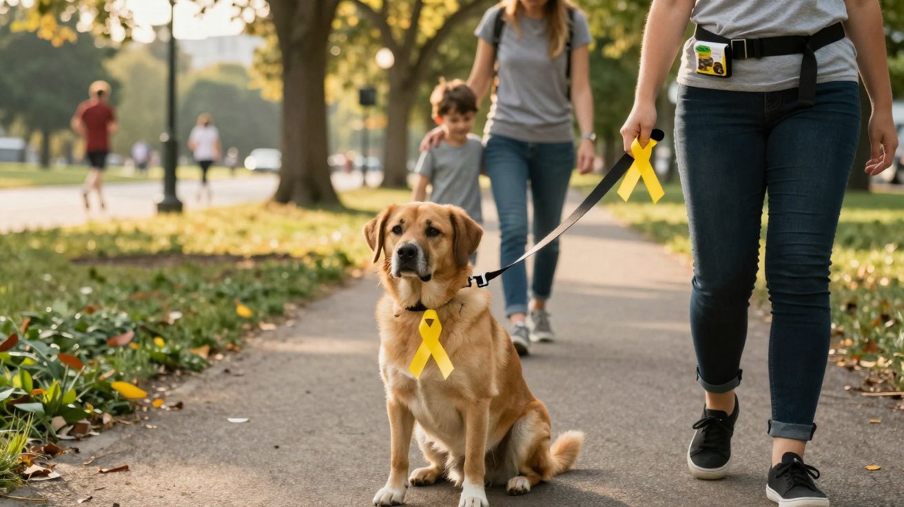 Cachorro com fita amarela no pescoço sendo levado para passeio por pessoa em parque ensolarado.