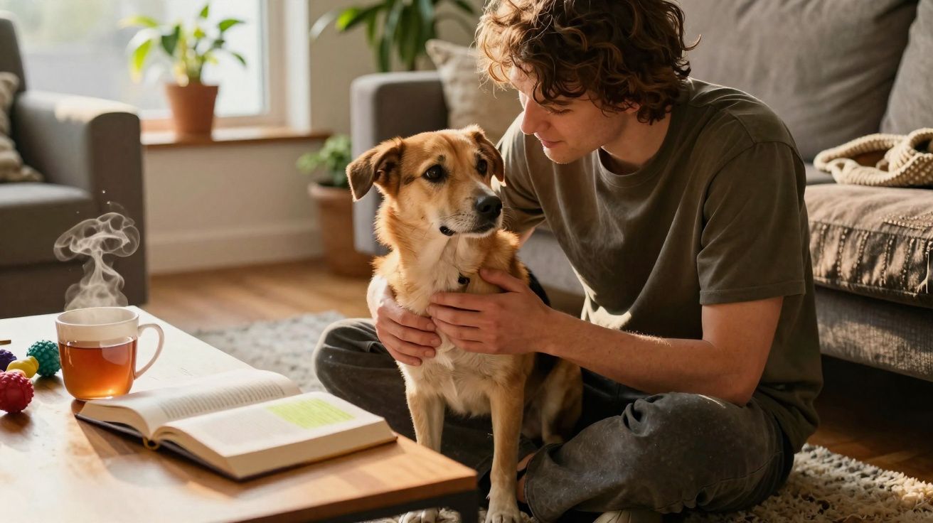 Jovem sentado no chão abraçando cachorro em sala com livro aberto e xícara de chá na mesa.